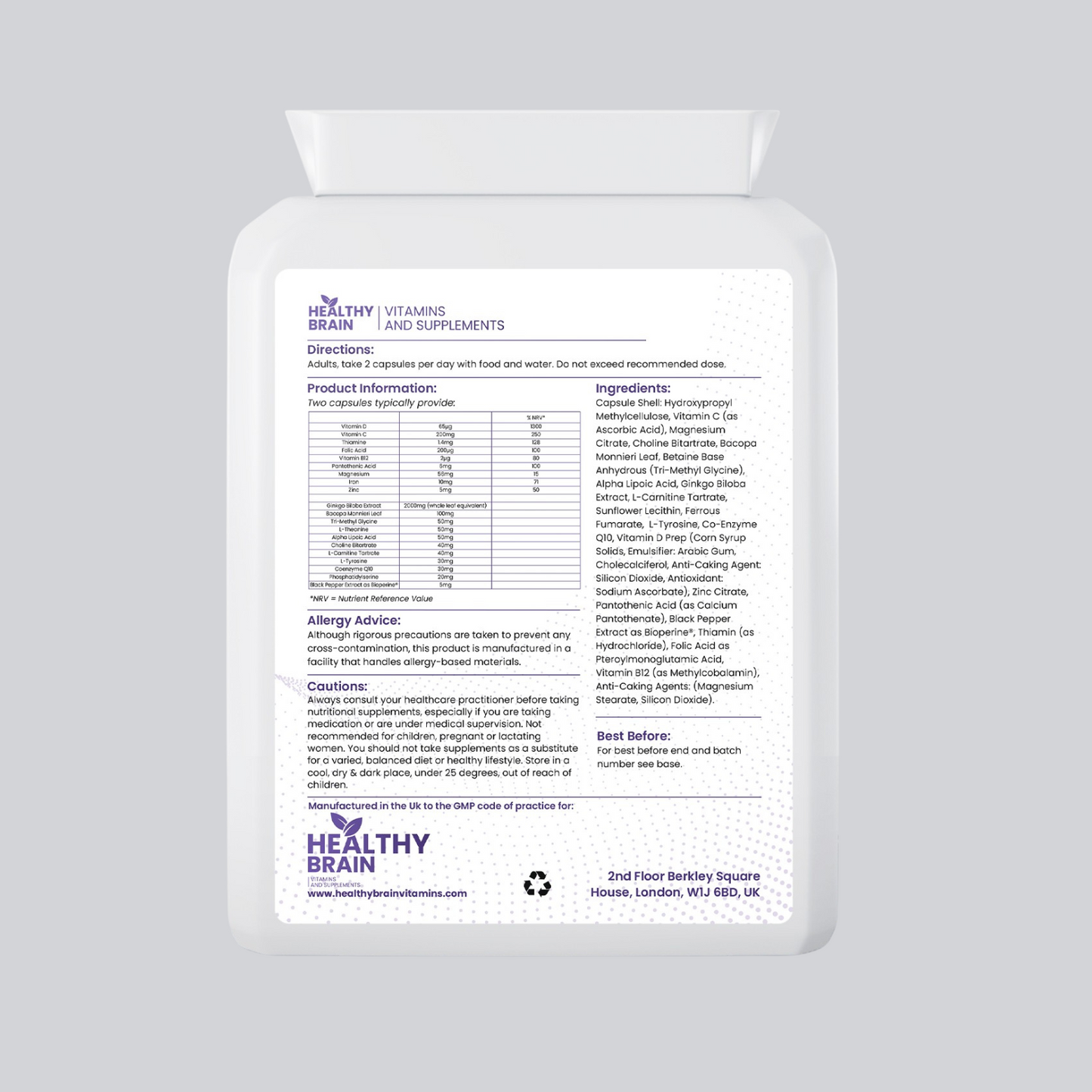 Premium Healthy Brain Vitamins Mind & Memory Support Capsules - Pack of 90