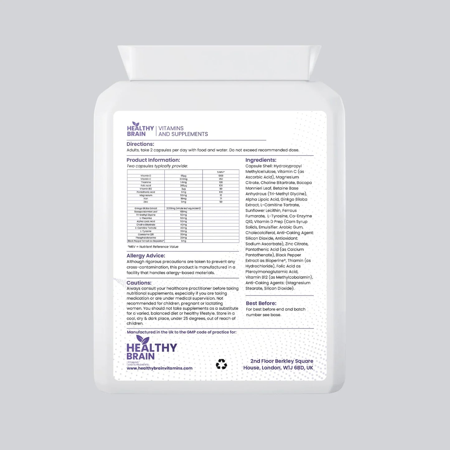 Premium Healthy Brain Vitamins Mind & Memory Support Capsules - Pack of 90